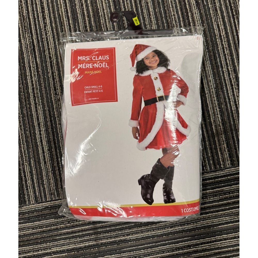 Kids Mrs Claus Costume Mama Noel Dress Santa Hat Belt Christmas Child Small 4-6